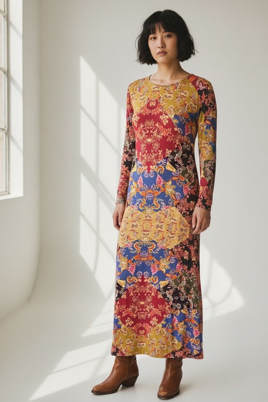 Anthropologie Kachel Sarita Patchwork Maxi Dress Vibrant Floral Long Sleeve 12